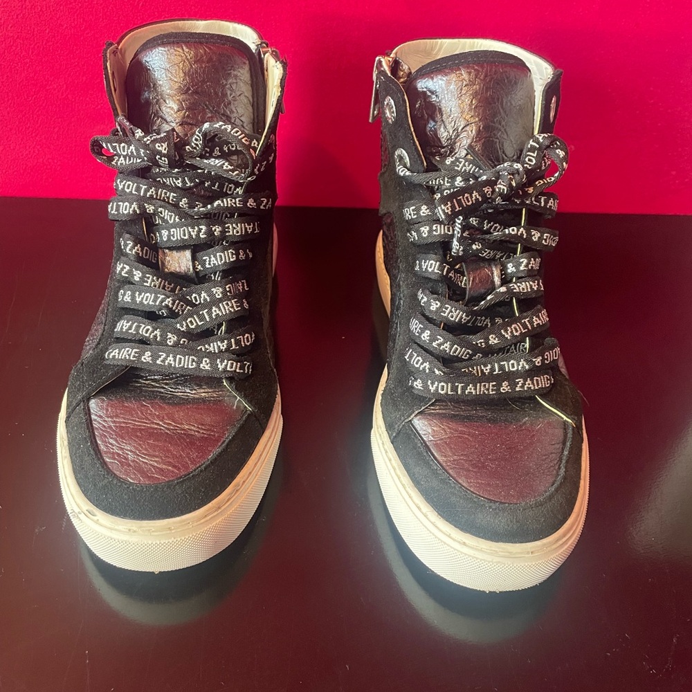 Zadig & Voltaire Black High Flash Leather Sneakers Size 37 Retail $498